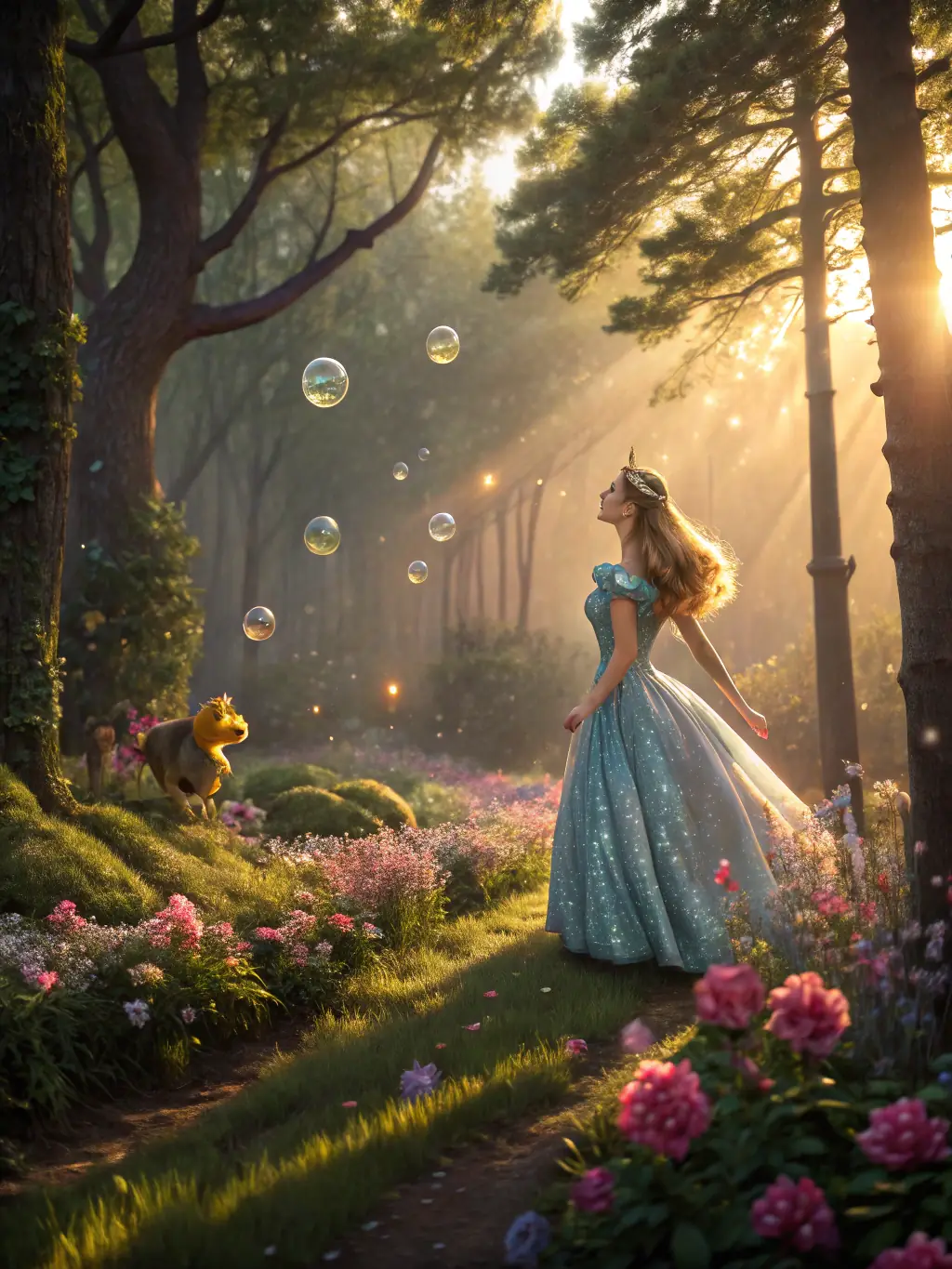 A simple line art illustration of a princess in a flowing gown, standing in front of a castle, designed for easy coloring.
