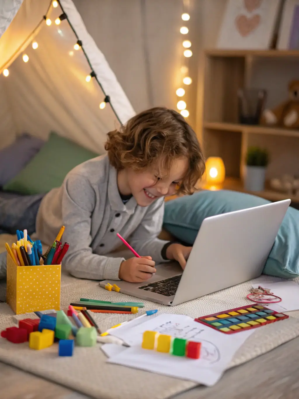 A child typing a creative prompt into the MagischeKleurplaat.nl search bar on a tablet, with a playful and curious expression.