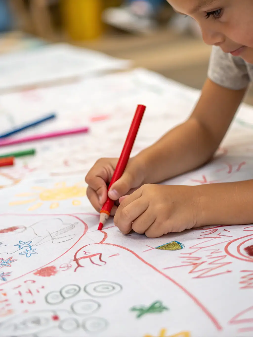 A child happily coloring a printed MagischeKleurplaat.nl coloring page with crayons, showcasing a vibrant and personalized creation.